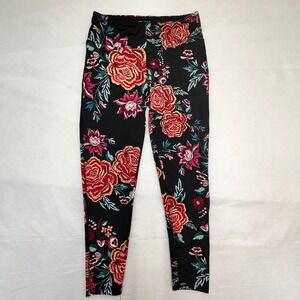 Love Life Live Womens Floral Rose Print High Waisted Leggings Black Red Medium